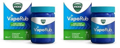 Image of Vicks VapoRub 100 gr, Relief of Cough Cold & Flu Like Symptoms, Relieves 4 Cold Symptoms: Nasal Catarrh, Nasal Congestion, Cough & Sore Throat (Pack of 2)