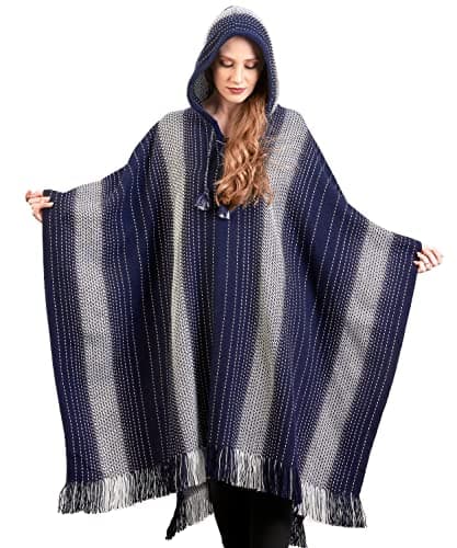 Image of Alpaca Hooded Poncho for Women- Hippie Cloak Cape with Hood - WomensTraditional Serape Knitted with Alpaca Wool, Navy Blue, One Size