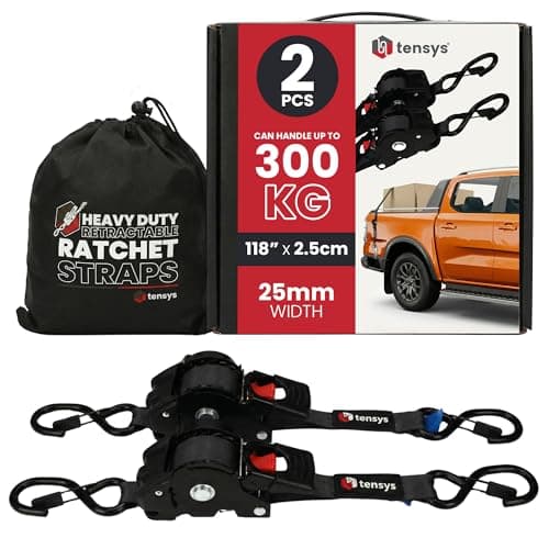 Image of TENSYS Retractable Ratchet Tie Down Straps – Heavy Duty Auto Self Retracting Ratchet Strap Set 600kg Break Force for Cargo Trailer Roof Rack Motorcycle Luggage, Black, 2 Pack, 25mm x 3m