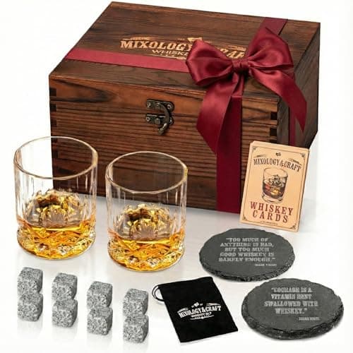 Image of Mixology & Craft Whiskey Stones Gift Set: With Two 10oz Lead-Free Crystal Whiskey Glasses, 8 Whiskey Stones with Velvet Bag, 2 Slate Coasters & Recipe Cards in Wooden Crate | Great Holiday Gift