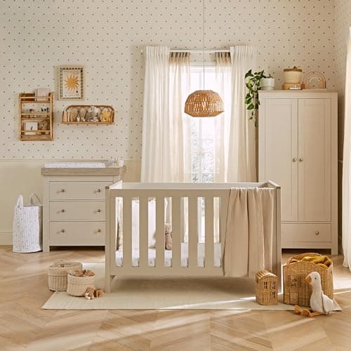 Image of CuddleCo Luna Nursery Furniture Set in Cashmere & Ash | Convertible Baby Cot Bed, Baby Changing Table with Drawers and Kids Wardrobe Set (3pc)