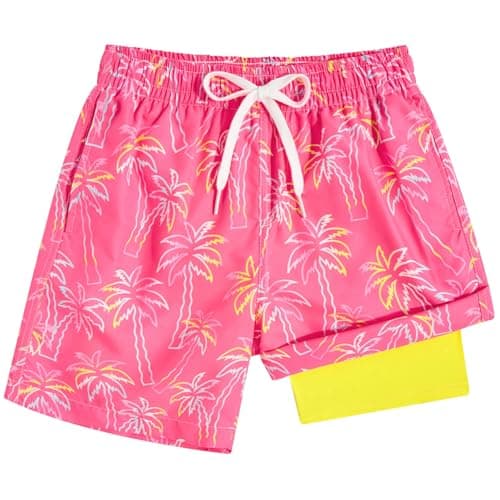 Image of Kids4ever Boys Swim Shorts with Compression Liner Pink Hawaii 3D Printed Swimming Trunks Quick Dry Breathable Beach Shorts with Pockets 10-12 Years