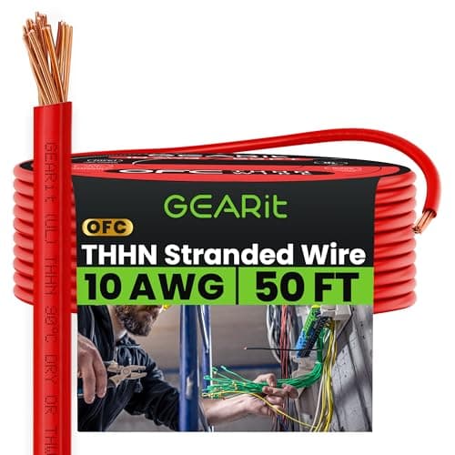 Image of GEARit Stranded THHN Wire (10 Gauge, 50 Feet) 100% OFC Electrical Building Wire, Rated for Up to 600 Volts, Single Conductor, Nylon Jacket, UL Listed/RoHs Compliant - Red, 50ft