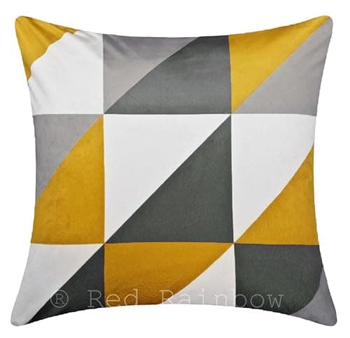 Image of Red Rainbow Modern Yellow & Grey Print Geometric Design Single 18 inch Cushion Cover