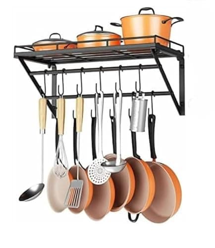 Image of CookSpace Wall Mounted Pot and Pan Rack with 2 Rails and 12 Hooks, Kitchen Storage Shelf, 60cm W x 30cm H x 26cm D, for Cookware and Utensils