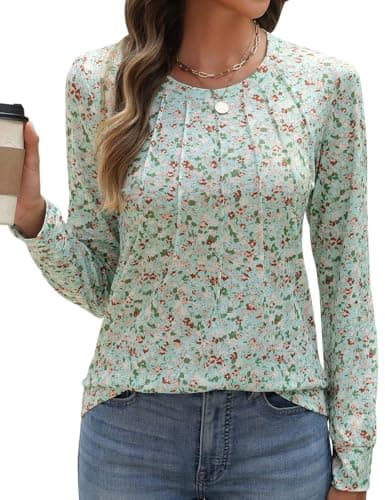 Image of PASUDA Womens Long Sleeve T-Shirts Casual Crew Neck Tops Elegant Pleated Floral Printed Cotton Tshirts Fashion Loose Fit Tunic Blouses Shirts(Green Floral,S)