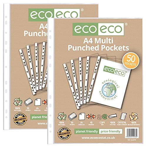 Image of eco-eco A4 100% Recycled Multi Punched Pockets Glass Clear, Transparent Poly Wallet Sheet Protector, 45 Microns (Pack of 50 x2), eco076x2