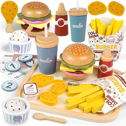 Image of Airlab Wooden Play Food Set for Children, 37PCS Toy Kitchen Accessories for Kids Role Play, Fast Food Shop Toy with Hamburger Builder, Educational Pretend Fake Money Playsets for 3+ Years Old Boy Girl