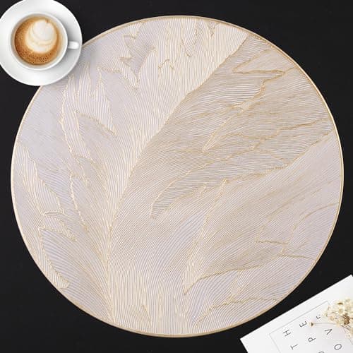 Image of FAVE Set of 6 Round Vinyl Placemats with Gold Feather Design, Non-Slip & Smudge-proof for Table Decoration, Christmas, Wedding and Festivals (Gold)