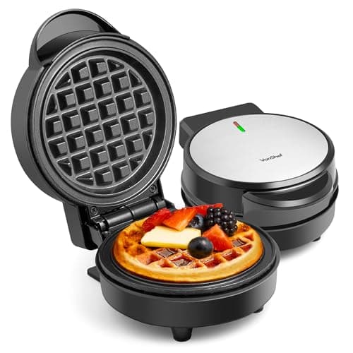 Image of VonShef Mini Waffle Maker – 600W Waffles Machine with 12.5cm Non Stick Mini Iron Plates, Compact Breakfast Machine, Single Belgian & American Snacks Machine with Indicator Light – Black