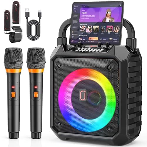 Image of JYX Karaoke Machine with 2 Wireless Microphones, Portable Bluetooth PA Speaker with Echo Control LED Disco Lights, Supports USB/SD Card/AUX/REC, for Home & Party (Black)
