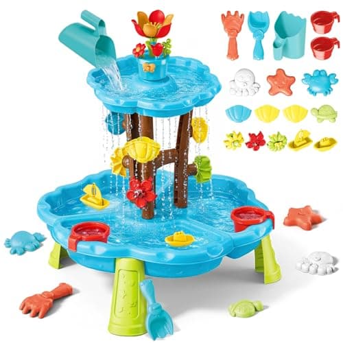 Image of deAO Kids 2-Tier Water Play Table with 31PCS Accessories, Outdoor Sand & Water Activity Table for Toddlers Age 3+, Sensory Play Table with Waterfall, Moulds & Beach Toys for Backyard Garden Summer