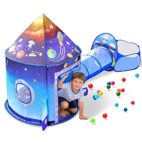 Image of 3 in 1 Rocket Ship Play Tent with Ball Pit Tunnel for Kid Astronaut Space 3PC Playhouse Indoor Outdoor Foldable Pop Up Tent Set Bluey Toddler Toys for Boy Girl Baby Child Birthday Party