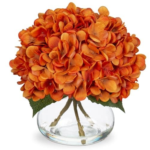Image of Oairse Autumn Decoartions Hydrangea Artificial Flowers Orange Hydrangea Flower in Glass Vase with Faux Water Autumn Flora Arrangement for Home Office Wedding Table Centrepiece Thanksgiving Fall Decor