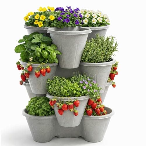 Image of ALAYSTAR Pack of 4 Stackable Strawberry Planter Pots Vertical Garden Trio Planters Terracotta Durable Plastic Herb Flower Containers Indoor Outdoor Balcony Patio Space Saving Plant Pots (PLATINUM)