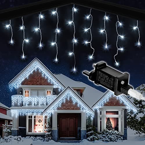 Image of NETTA Icicle Lights Outdoor Christmas 480 LED 15m Lit Length, Cool White LED Icicle Fairy House Lights with Memory, 8 Hours On Timer, 8 Lighting Modes, Mains Powered – 480 LED, Cool White