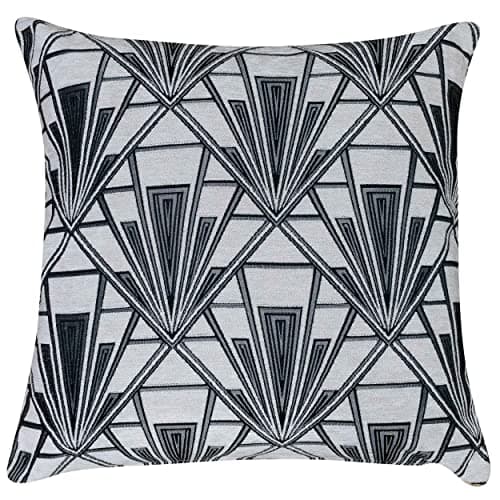 Image of Linen Loft Art Deco Geometric Extra-Large Cushion Cover. Pearl White and Silver Vintage Design. Luxury Velvet Chenille. 23x23 XL Square. Cover Only.