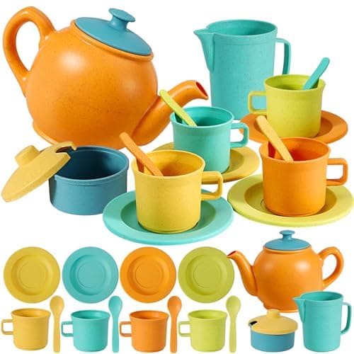 Image of AOLEVA Kids Plastic Tea Sets Toys for Children 3 4 5 Years Old Pretend Play Tea Pot Toy Kitchen Cutlery Dishes Plates Cups Set Accessories Birthday Gifts for Toddler Kids Boys and Girls