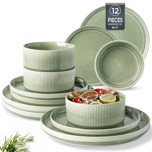 Image of GBhome Stoneware Dinner Sets for 4 People, 12 Pieces Reactive Glaze Handcrafted Plates and Bowls Set, Scratch Resistant Dinnerware Set, Dishwasher & Microwave Safe Crockery Set, Quiet Green