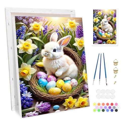 Image of Bowetile Easter Rabbit Framed Paint by Numbers for Adults, Bunny Eggs Painting by Numbers Kit for Adults Beginners Canvas Kit, DIY Color Oil Painting Acrylic Paints Home Wall Decor 20x30cm