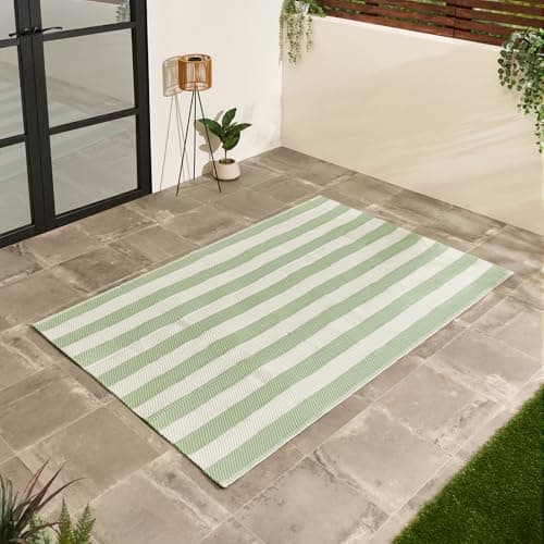 Image of OHS Garden Rug Stripe, Reversible Outdoor Rug Foldable Weather Waterproof Outdoor Carpet Non Slip Easy Clean UV Decking Lawn Patio Balcony Large Rugs, Sage/Cream - 160 x 230cm