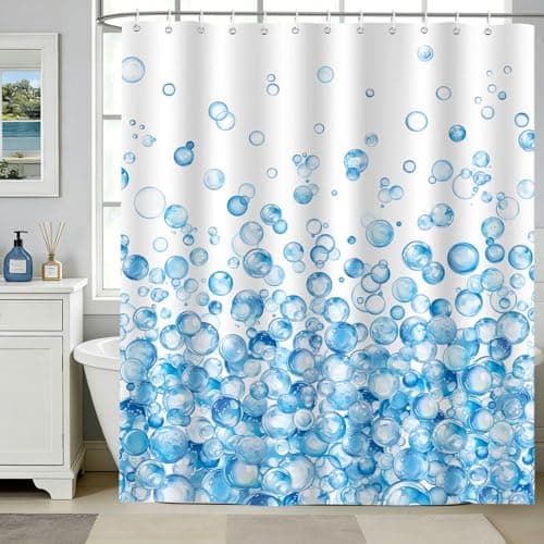 Image of hometrixx Modern Long Shower Curtain Blue Ombre Bubble Bathroom Polyester Shower Curtains Machine Washable Waterproof Fabric with 12 Hooks, 180 x 200 cm
