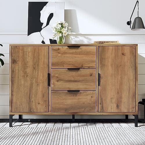 Image of Merax Sideboard Cabinet: Versatile 2-Door, 3-Drawer Chest with Adjustable Shelf Large Wicker Fronted Storage Unit for Lounge & Hallway - 40D x 120W x 76H cm Dark Oak Color