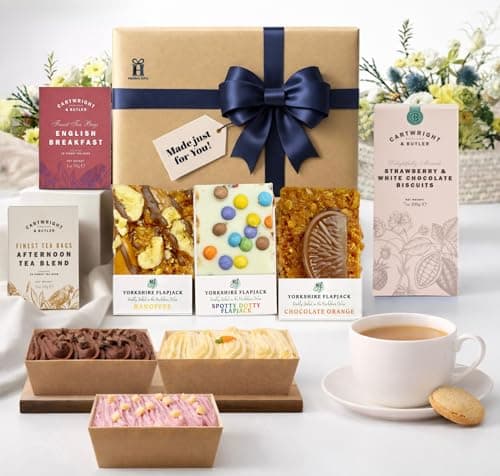 Image of Hattie's Gifts Tea Hamper Gift Set – Yorkshire Hamper with Tea Selection, Flapjacks, Biscuits, Cakes and Desserts – Tea & Sweet Treats Snack Gift Box