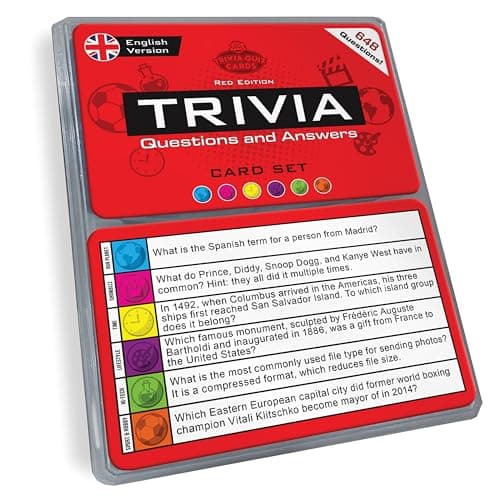 Image of Trivia Quiz Cards Set (English Edition) | 648 Unique Question Cards from 6 Categories in a Travel Box | Pub Games for Adults, & Fun Party Game for Friends & Families (Red Edition)