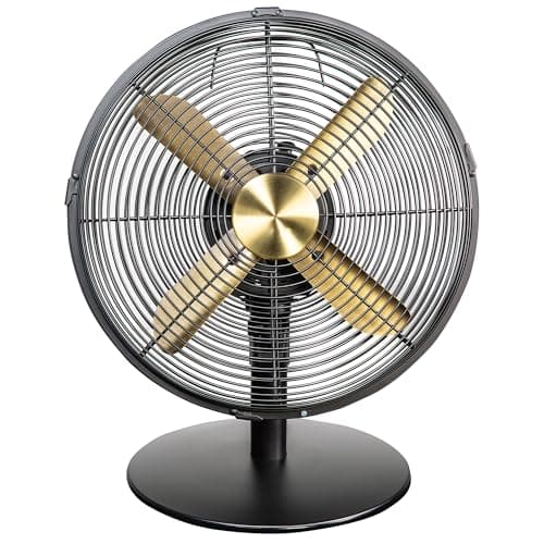 Image of Russell Hobbs 12” Metal Desk Fan in Brushed Gold and Black, 3 Speed Settings, Lightweight and Compact, Tilt and Oscillating Features, 4 Curved Blades, Up to 2 Years Guarentee, RHMDF1201BG