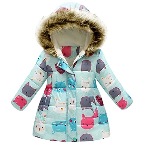 Image of amropi Girls Winter Coat Floral Hooded Jacket with Faux Fur Warm Parka Padded Overcoat 9-10 Years, Blue Cartoon