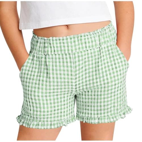 Image of Saxrel Green Girls' Summer Gingham Shorts - Ruffle Hem Plaid Pants Elastic Waist Side Pocket Lightweight Thin Checkered Shorts for School Casual Outings Daily Wear 15 Years