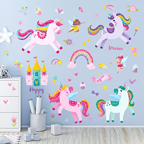 Image of DECOWALL DS9-2119 Colorful Unicorn Wall Stickers Fairy Rainbow Kids Quote Decals Removable for Girls Nursery Bedroom Living Room Art Home Decor Decorations