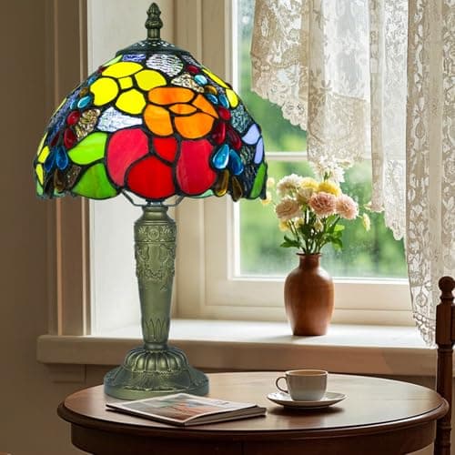 Image of Ppbmocw Small Tiffany Style Lamp,Stained Glass Table Lamp for Living Room,Bedside,Reading,8 inch Vintage Mini Desk Light Included 3 Color Temperatures E27 Bulb (Rose No. 2)