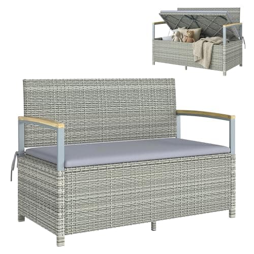 Image of Outsunny 170 L Garden Storage Bench with Zipped Liner, 2 Seater PE Rattan Garden Bench with Storage, Gas Strut, Acacia Wood Top Armrests, Cushion, Patio Outdoor Benches Chest Container, Light Grey