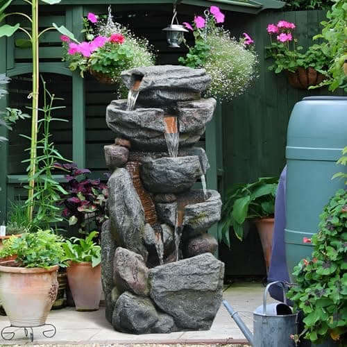 Image of Bumilgar 5-Tiered Rock Water Feature Outdoor&Indoor, 80cm H Floor-Standing Garden Fountains, Stone Feature and Waterfall with Lights for Patio, Backyard, Deck, Porch, Home DéCor, Gray