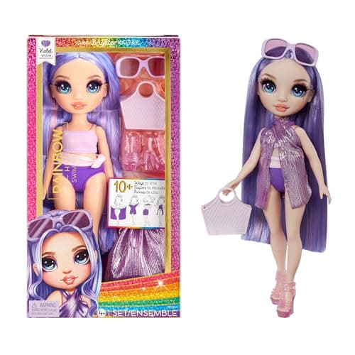 Image of Rainbow High Swim & Style - Violet (Purple) - 28 cm Doll with Shimmery Wrap to Style 10+ Ways - Removable Swimsuit, Sandals, Fun Play Accessories - Kids Toy - Great for Ages 4-12 Years