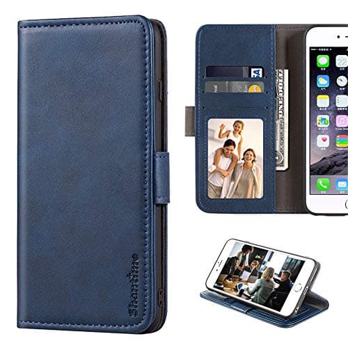 Image of Shantime Stylish Leather Wallet Case Compatible with Xiaomi Mi 5S Plus, Magnetic Shockproof Flip Cover with Card Holders, Photo Frame and Kickstand(Blue)