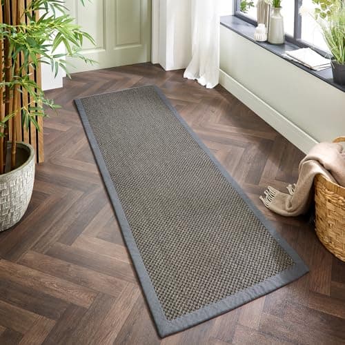 Image of Lord of Rugs Sisal Area Rug with Hand Stitched Border, Non-Slip Durable Natural Modern Bordered Carpet for Living Room, Hallway Flatweave Rug Dark Grey/Grey Border, Runner 67 x 200 cm (2'2"x6'7")