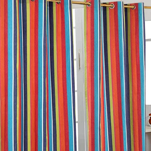 Image of HOMESCAPES Multi Stripes - Orange Blue Yellow - Eyelet Curtain Pair 117cm (46") Wide x 137cm (54") Drop 100% Cotton Ring Top Striped Curtains