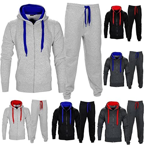 Image of Style Spot Mens Full Zip UP Contrast Tracksuit Brushed Fleece Bottom Hoody Joggers Sports Suit (Large - L, Grey/Blue)