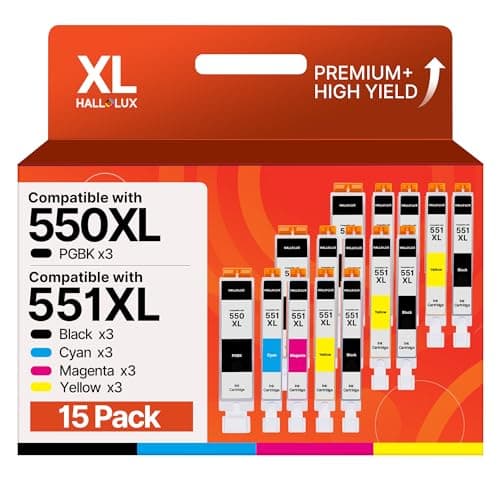Image of HALLOLUX 550XL 551XL Ink Cartridges High Yield Compatible for Canon PGI-550XL CLI-551XL Pixma MG7550 MG6350 iP7250 MG5650 MG7150 IX6850 MX925 MG7500 MG6450 MG6650 MX725 MX920(PG/B/M/Y/C,15-Pack)