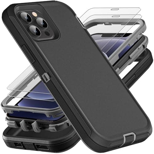 Image of YmhxcY for iPhone 12/12 Pro Case, Military Grade 3 in 1 Heavy Duty Shockproof/Drop Proof/Dust Proof Case with 2Pcs Tempered Glass Screen Protector (Black/Grey)