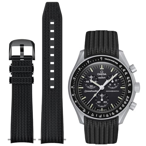 Image of REBANDACE Lengthening No Gap Silicone Strap for Omega X Swatch Moonswatch Watch 20mm - Establishment Pattern, Stitch Curved Design for Men and Women (All Black)