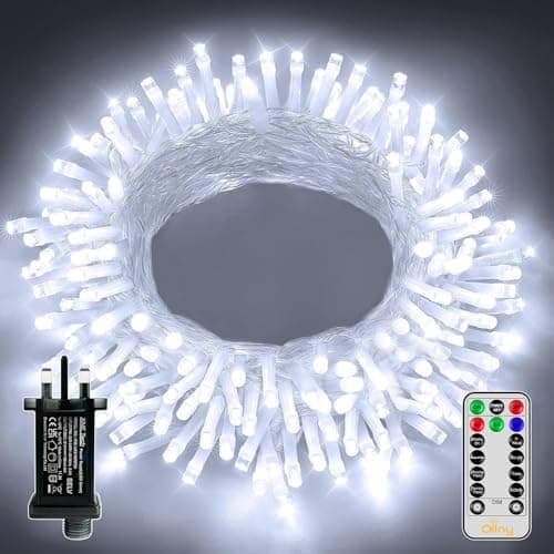 Image of Ollny Christmas Tree Lights, 10m 100 LED Fairy Light Mains Powered, Waterproof Outdoor String Light with Remote/Plug/Modes/Timer, Bright Cool White Lighting Outside Indoor Garden Xmas Decorations