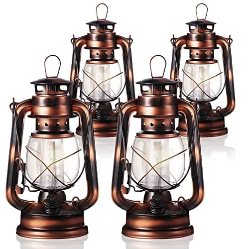 Image of Hortsun 2 Pcs 8 Inch Vintage LED Hurricane Lantern Warm LEDs and Dimmer Switch Battery Operated Farmers Hanging Lantern for Indoor Outdoor Camping Usage Decor