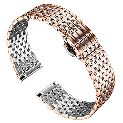 Image of BINLUN Ultra Thin Mesh Stainless Steel Watch Band Light Metal Watch Strap Polished Watch Bracelets Replacement for Men Women with Butterfly Buckle (20mm Silver and Rose Gold)