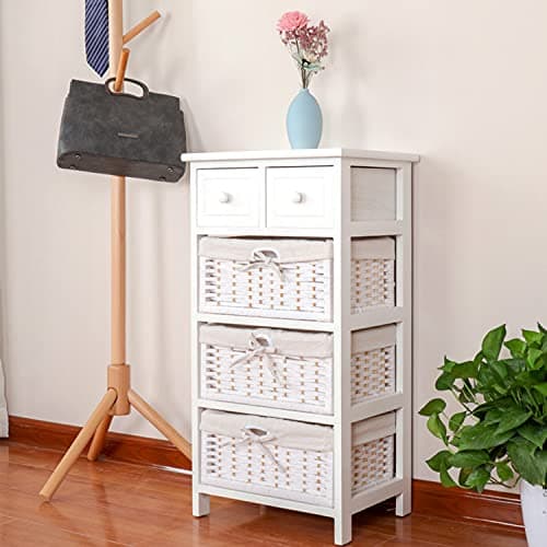 Image of Ruication Bedside Table Bathroom Cabinet with 3 Drawers Wicker Baskets 2 Small Drawers Storage Unit Chest of Drawers Fully Assembled for Living Room Bedroom Bathroom Hallway (White)