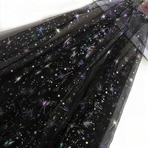 Image of Valicaer 1.5x2m Black Glitter Star Tulle Mesh Fabric Shiny Polyester Sheer Material for Stage Costumes, DIY Crafts, Wedding Decor Birthday Party Decoration