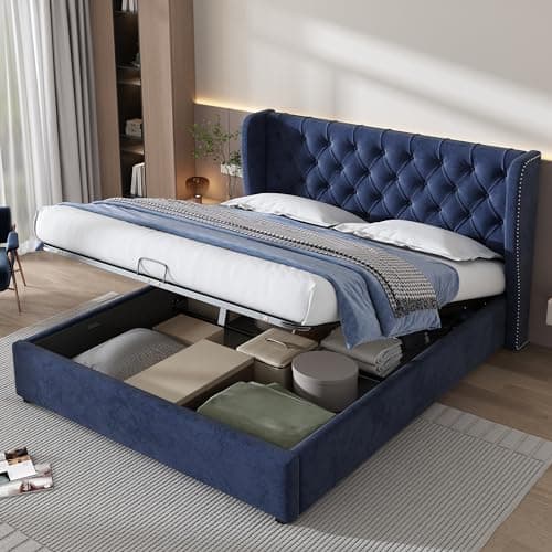 Image of Merax Upholstered Bed Frame with Hydraulic Lift, 4FT6 Double Bed Frame with Storage, Functional Ottoman Bed, Sturdy Construction, Without Mattress, Elegant Velvet Finish, Blue, 135x190cm